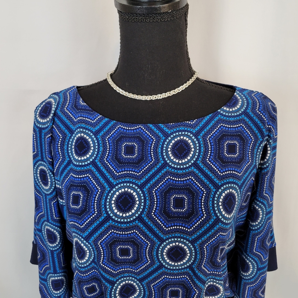 NEW - Dress Barn Midi Dress in Blue Geometric, Size: Medium - Picture 2 of 5